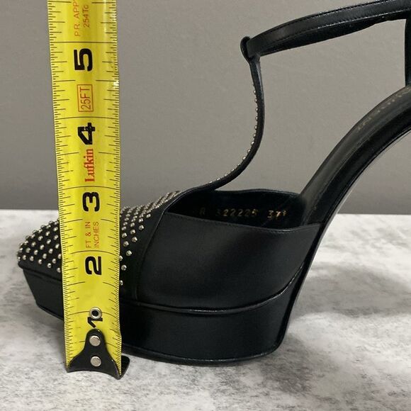 Saint Laurent Paris Black Leather Janis Studded T Strap Platform Pumps Size 37.5 - Picture 13 of 16